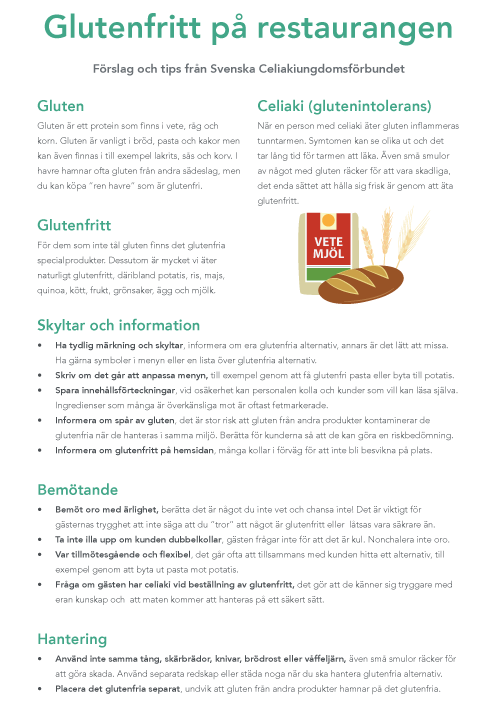 Informationsblad till restauranger om glutenfritt